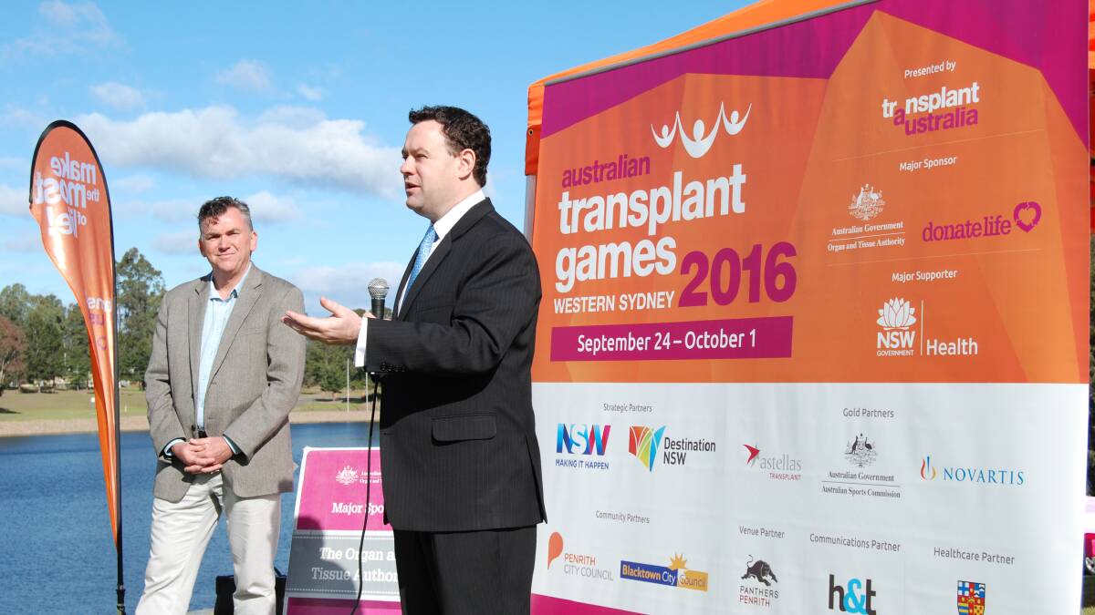 On the water: Announcing the location of the Australian Transplant Games 2016 back in July, is Penrith MP and NSW Sports Minister Stuart Ayres with Transplant Australia CEO, Chris Thomas.