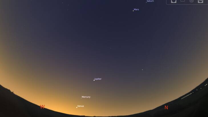 The location of the planets on August 2, just after 6pm. Photo: Alan Duffy created with Stellarium