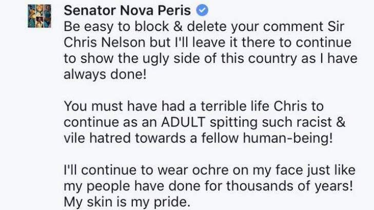 Ms Peris posted a response to the comment on her Facebook page. Photo: Facebook/Senator Nova Peris