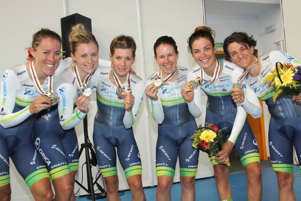 Springwood's Amanda Spratt (third from right) with her Orica-AIS teammates on the podium with their silver medals won in the women's team time trial at the 2014 UCI Road Cycling World Championships held in Spain on September 21. Photo: Bart Hazen.