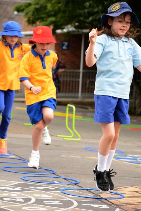 Year 2 Faulconbridge Public School student Lily Quinn leads the way in a FitLab jumping drill last Friday.