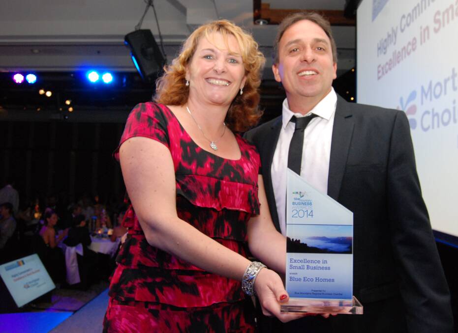 Merylese and Joe Mercieca from Blue Eco Homes, which won five 2014 Blue Mountains Business Awards last Friday night.