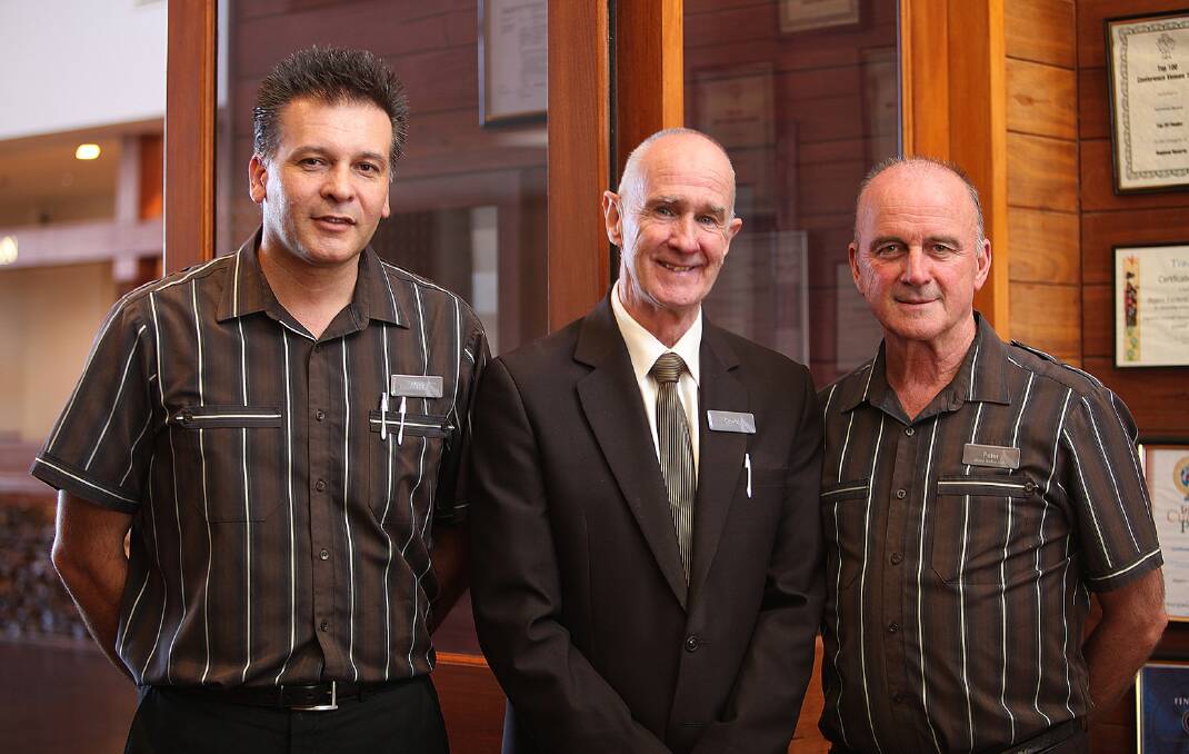 Long-serving Fairmont Resort concierge Peter Williams (right) retired on Good Friday after working there for 26 years. He is pictured with colleagues Mick Pepic and David Whittaker (centre).
