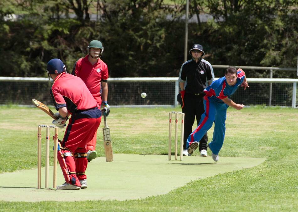 Wests' paceman Lenny Redman, on debut, bowls to Easts' Sam Trankle. Photo: Peter Elfes.
