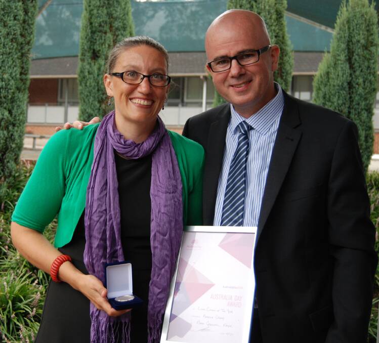 2015 Blue Mountains Citizen of the Year, Rebecca Cramp, with Blue Mountains mayor Mark Greenhill at the Blue Mountains Australia Day Awards and Citizenship Ceremony held at Glenbrook public school on January 26.