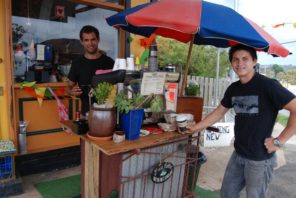 Serving now: Luke Mundy and Ash Bookluck at Coffee Creative, outside Nothing New Vintage shop in Bullaburra.