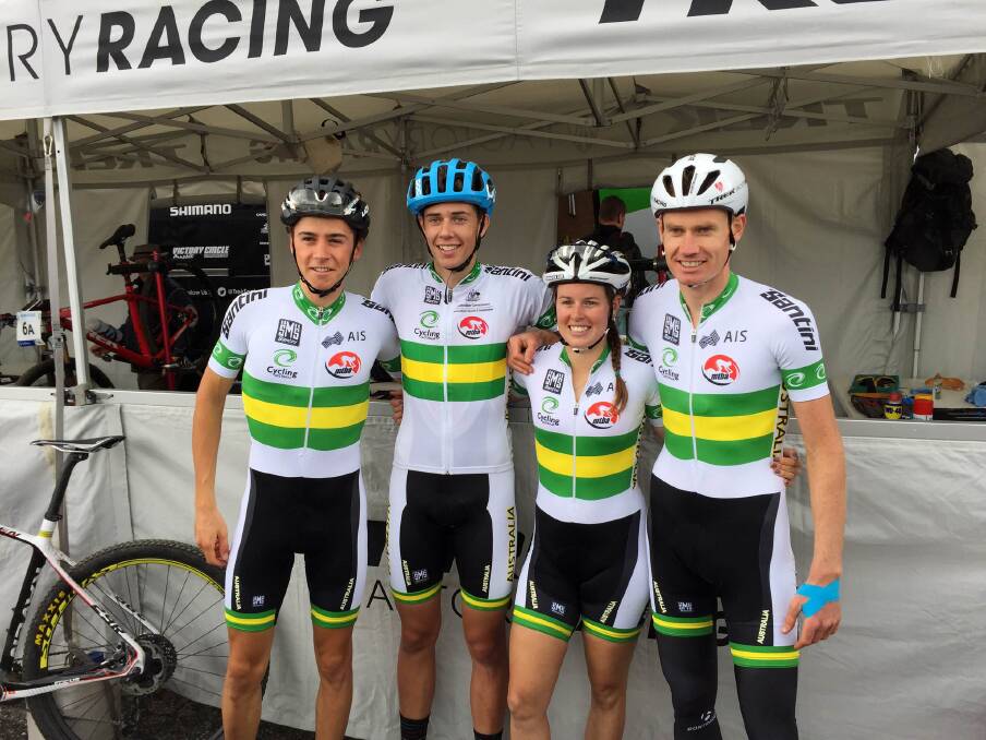 Team effort: Luke Brame (second from left) with his Australian teammates for the relay at the 2015 UCI Mountain Biking World Championships, Scott Bowden (elite men's representative), Rebecca Henderson (elite women's) and Daniel McConnell (U23s).