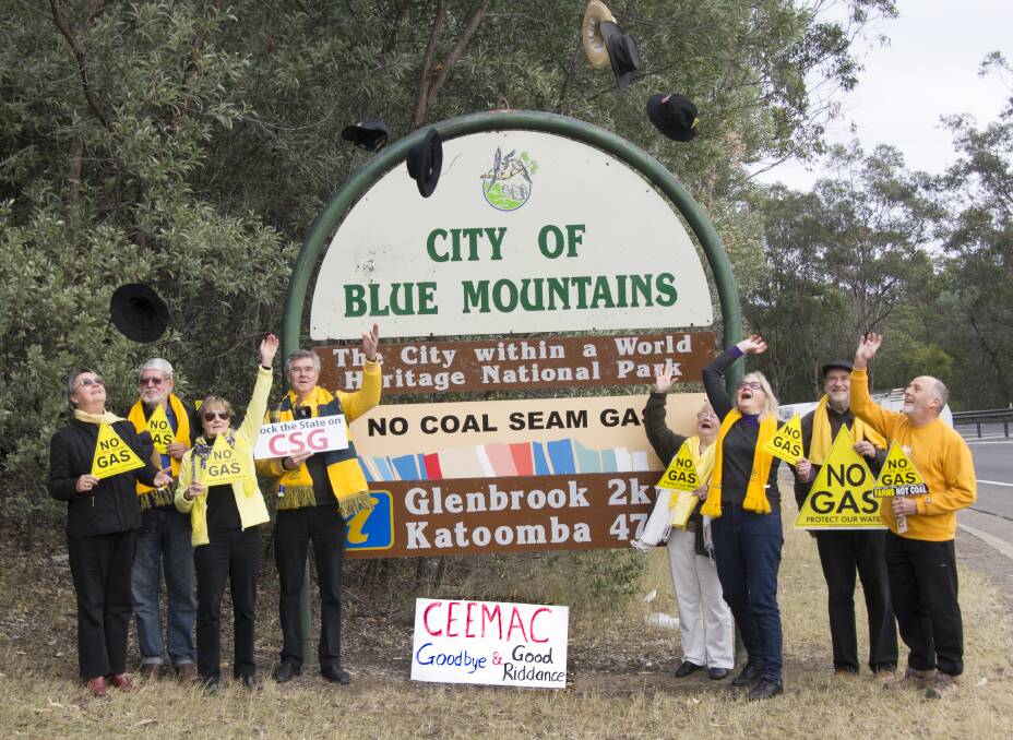 Members of Stop Coal Seam Gas Blue Mountains and Blue Mountains Conservation Society celebrate the rejection of an exploration licence for the Blue Mountains. From left, Caroline Goosen, Gideon Goosen, Libby Blackburn, Tony Young, Heather Hull, Jan O'Leary, Bart Beech and Derek Finter.