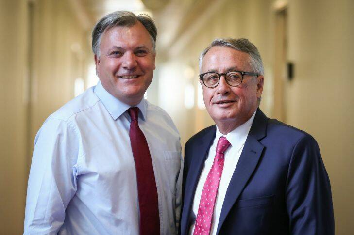 Former UK Shadow Chancellor of the Exchequer, Ed Balls, and former Australian Treasurer Wayne Swan, at Parliament House in Canberra on Thursday 17 August 2017. fedpol Photo: Alex Ellinghausen