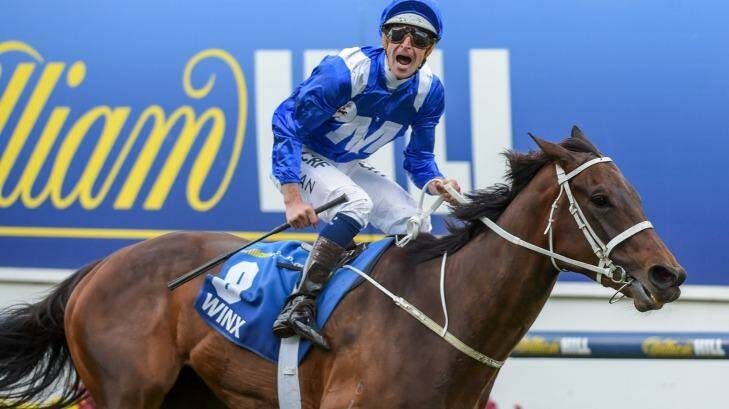 Winx ridden by Hugh Bowman wins the Cox Plate at Moonee Valley on Saturday. Photo: John Donegan