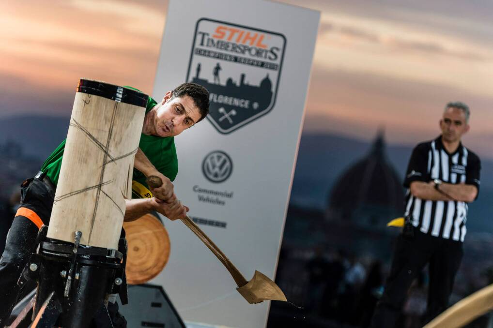 Brad De Losa in action at the Stihl Timbersports Champions Trophy event Photo: Armin Walcher for Limex Images.