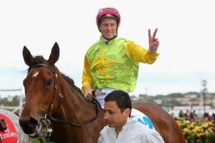 Thundered home: Blake Shinn celebrates after Thunder Lady powered home at $31 in the Wakeful Stakes. Photo: Quinn Rooney/Getty Images