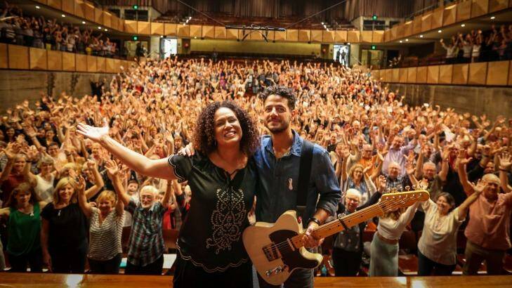 Christine Anu and LIOR, rehearsing at Sydney Grammar School with a choir of 900 volunteers for a 'performance experience'.  Photo: Louise Kennerley
