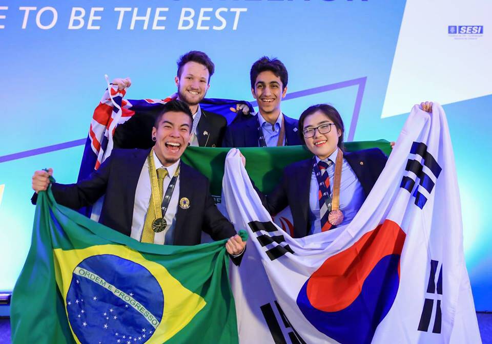 Australian Worldskills team member and self employed Bullaburra resident Harlan Wilton (top left) celebrating with competitors from other countries at the closing ceremony of the 2015 Wordskills international final in Sao Paulo, Brazil on August 16.