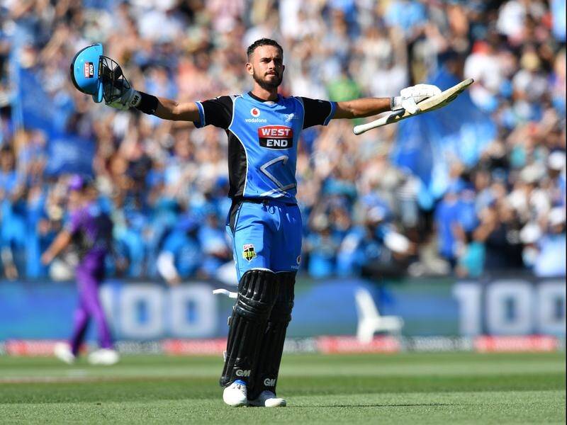 Jake Weatherald belted 115 to steer the Adelaide Strikers to 2-202 in the BBL final against Hobart.