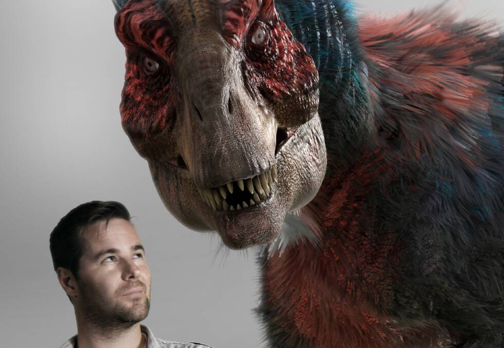 Leura's Matt Drummond with a T Rex character he created for his debut feature film Dinosaur Island, which opens in Australia on February 14. Photo: Shane Desiatnik. Visual effects work: Matt Drummond.