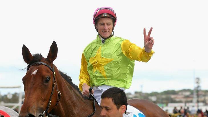 Thundered home: Blake Shinn celebrates after Thunder Lady powered home at $31 in the Wakeful Stakes. Photo: Quinn Rooney/Getty Images