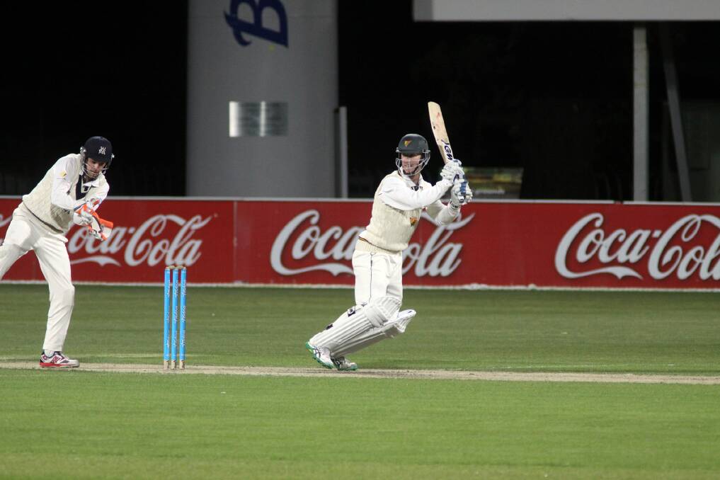 Jordan Silk hits a boundary for Tasmania during his innings of 97 not out against Victoria in the Sheffield Shield game in Hobart on November 10. Photo: Cricket Tasmania/Rick Smith.