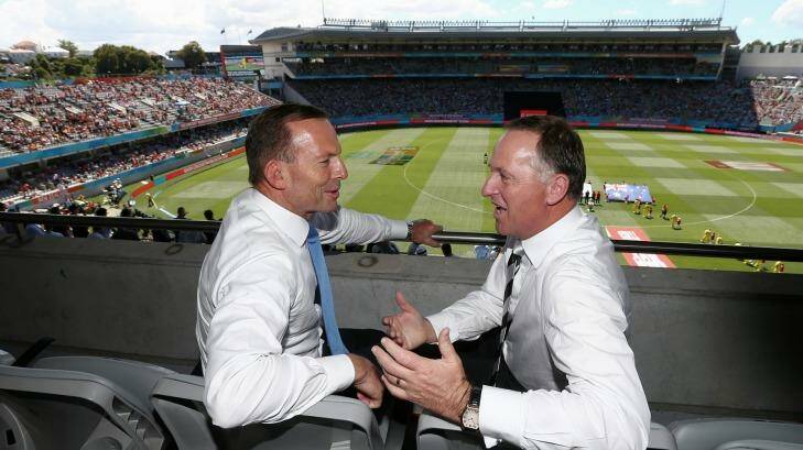 Friendly rivalry: Tony Abbott and John Key at the cricket in Auckland. Photo: Alex Ellinghausen