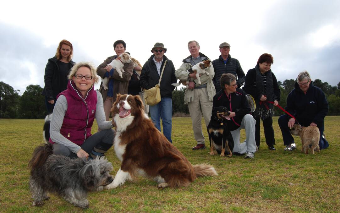 Anika Heintze with Mufty and Flynn and some Blue Mountains dog club members, including Leigh Collins (centre in the hat) celebrate their 24-hour access to Pitt Park's lower oval.