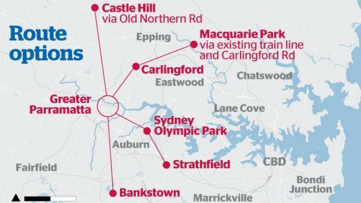 Proposed routes for the Parramatta Light Rail. Photo: SMH