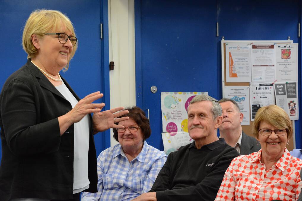 Making a point about the pension: Opposition Minister for Families and Payments, Jenny Macklin, speaking at a seniors forum held at Blaxland community hall on October 7.