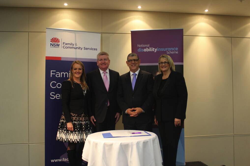 Ready to go: Federal member for Lindsay, Fiona Scott, Assistant Minister for Social Services, Mitch Fifield, NSW?Minister for Disability Services, John Ajaka, and Macquarie MP Louise Markus.