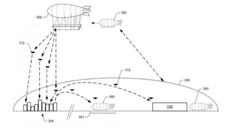 The flying warehouse system as described in Amazon's patent filings. Photo: Amazon/US Patent and Trademark Office