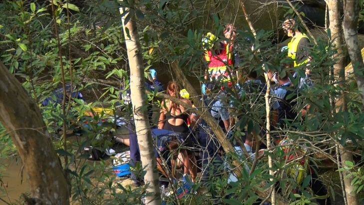 Emergency service workers attempt to save the life of a man who fell at Somersby Falls. Photo: Top Notch Video