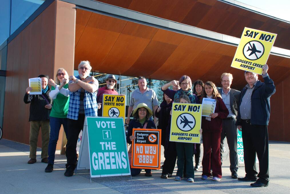 Protesters including Greens members outside the Hub for the Western Sydney Airport information day in Springwood last Thursday conducted by consultants for the federal government.