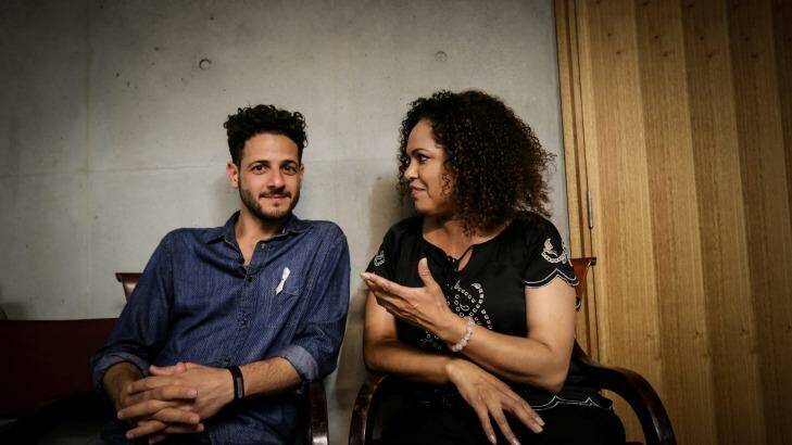 Christine Anu and LIOR, preparing to rehearse with an impromptu choir of 900 at Sydney Grammar School. Photo: Louise Kennerley