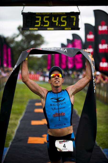 Sam Appleton winning the 2013 Canberra Ironman 70.3 Triathlon. He will compete at the World Championships in Canada on September 7. Photo: Rohan Thomson.