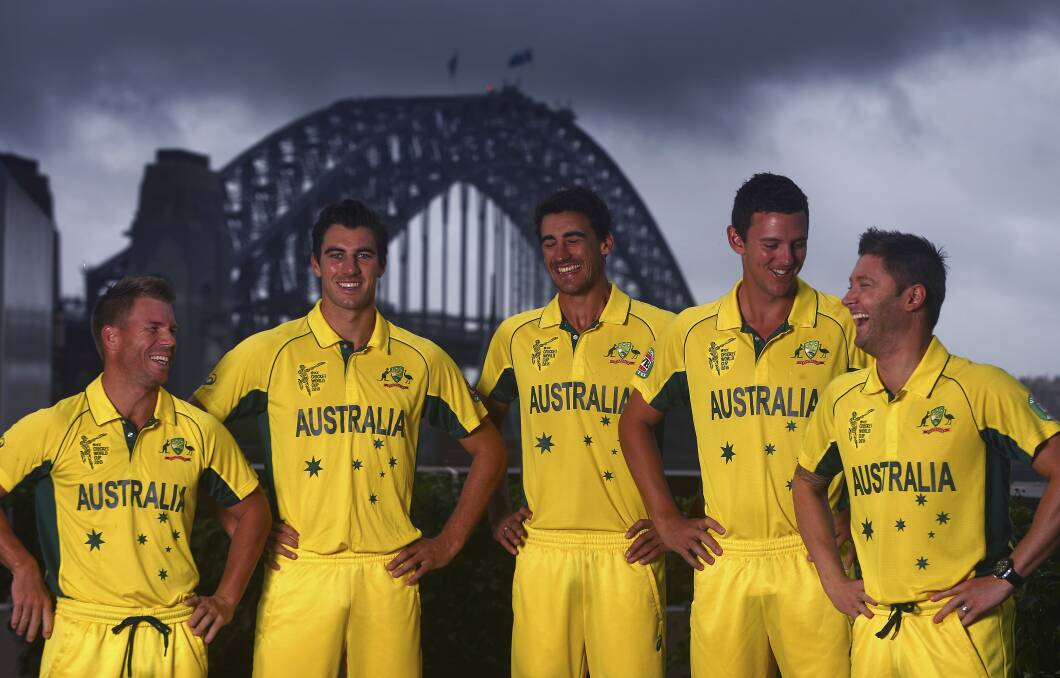 Pat Cummins (second from left) with David Warner, Mitchell Starc, Josh Hazlewood and Michael Clarke in Sydney last Sunday at the announcement of the Australia squad for the 2015 Cricket World Cup. Photo: Ryan Pierse/Getty Images.