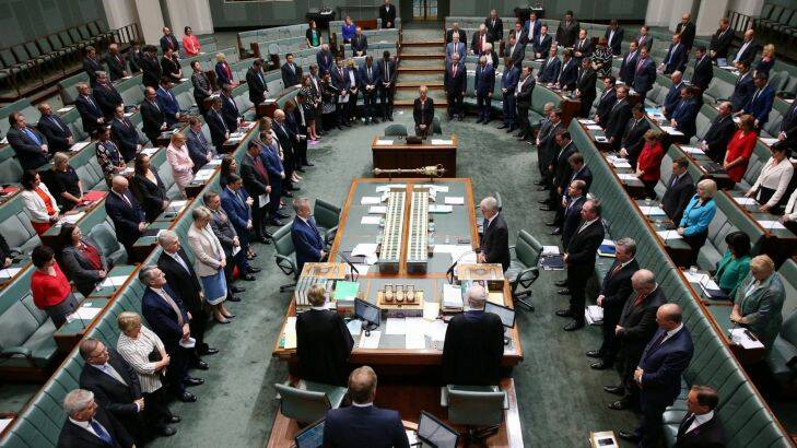 The House of Representatives stands in silence after condolence speeches from Prime Minister Malcolm Turnbull and Opposition Leader Bill Shorten after the terror attack on the UK Parliament at Parliament House in Canberra on Thursday 23 March 2017. Photo: Andrew Meares  Photo: Andrew Meares