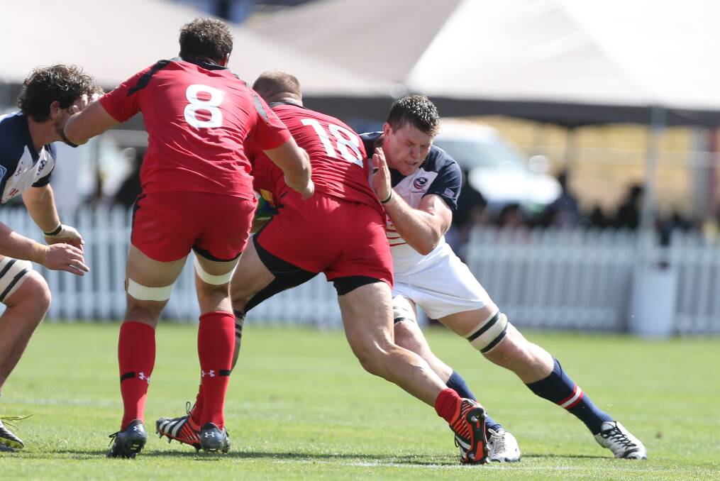 Bullaburra native Hayden Smith tackles a Canadian opponent during the USA Eagles 38-35 Test match win in Sacramento, California on June 21. Photo: Kelley L Cox (KLC fotos)