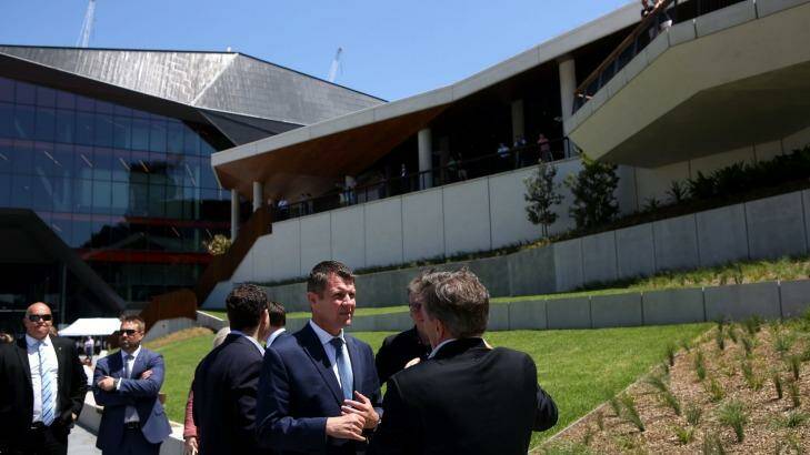 Premier Mike Baird and ministers Andrew Constance and Stuart Ayres arrive for a tour of the International Convention Centre. Photo: James Alcock
