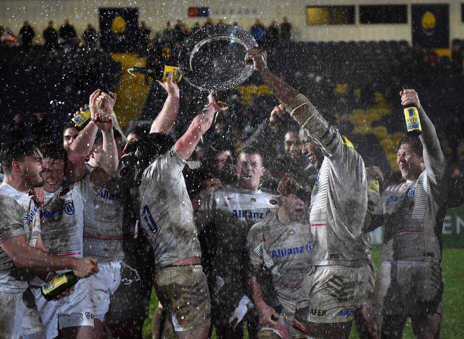 Bullaburra's Hayden Smith joins his Saracens teammates in celebration after victory in the Aviva Premiership Rugby A League Final between Worcester Cavaliers and Saracens Storm at Sixways Stadium in Worcester, England on January 12. Photo: Laurence Griffiths/Getty Images.