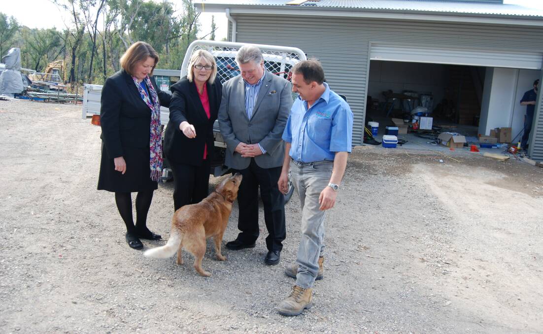 Blue Mountains MP Roza Sage, Macquarie MP Louise Markus, chairman of Blue Mountains Economic Enterprise, Don Luscombe, and Joe Mercieca from Blue Eco Homes and a member of the bushfire recovery committee, with his dog, Bella, at Mr Mercieca s new commercial premises.