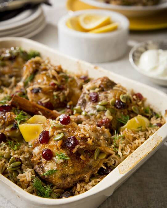 Karen Martini's braised chicken with spiced rice, cranberries and dill
<a href="http://www.goodfood.com.au/good-food/cook/recipe/braised-chicken-with-spiced-rice-cranberries-and-dill-20140520-38krg.html"><b>(recipe here).</b></a> Photo: Marcel Aucar
