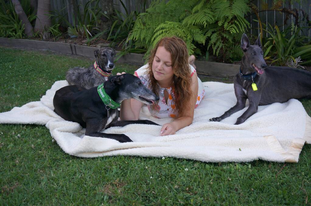 Greyhound Rescue volunteer Kate Allan from Medlow Bath with Poppy and Basil.