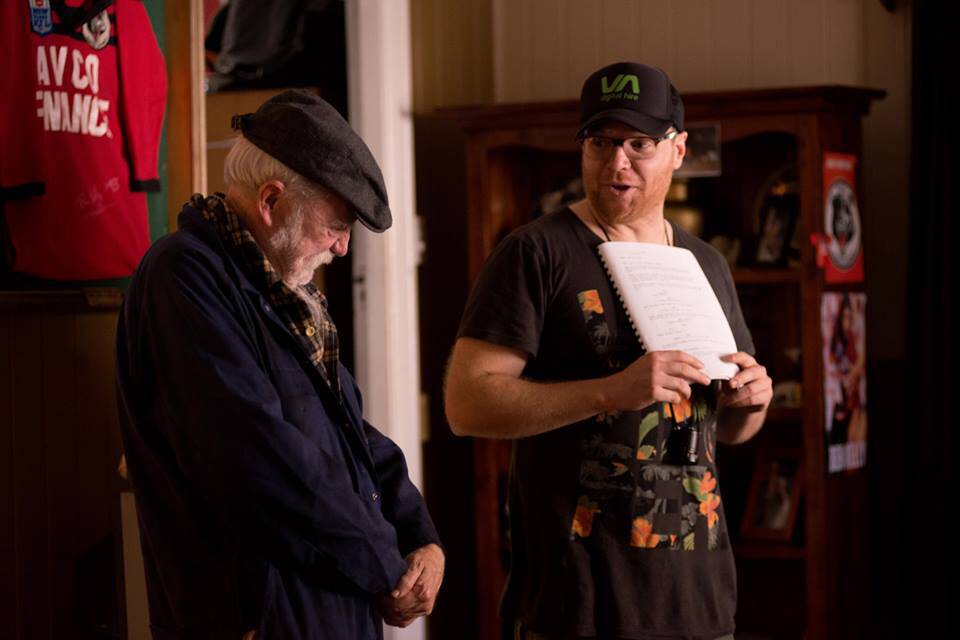 Glenbrook writer and director Heath Davis (right) with actor Max Cullen on set during shooting of Broke in Gladstone, Queensland last month.