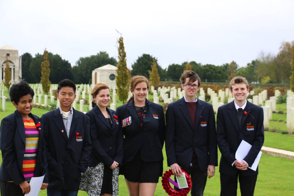 Centenary of Anzac Scholarship winners Lihini de Silva, Dan Nguyen, Madison Thompson, Emily Frey, Jack Jeffries and Sam Lewis. The students travelled to many battlefields of WWI. Madison and Sam are students at St Columba's College.