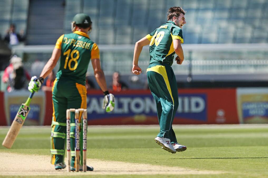 Pat Cummins celebrates his dismissal of Francois du Plessis during game four of the One Day International series between Australia and South Africa at Melbourne Cricket Ground on November 21. Photo: Michael Dodge/Getty Images.