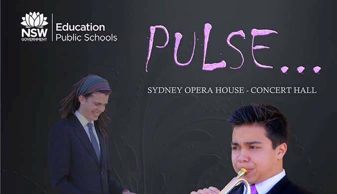 Poster boy: Winmalee High School captain Simon Shead as he appears (top left) playing the marimba on the NSW Department of Education's promotional poster for the 2015 Pulse public schools performing arts concert.