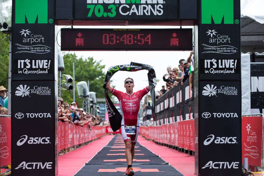 Winning ways: Warrimoo native Sam Appleton powers to the finish line at the Cairns Ironman 70.3 event on June 13. Photo: Korupt Vision/ Ironman Asia-Pacific.