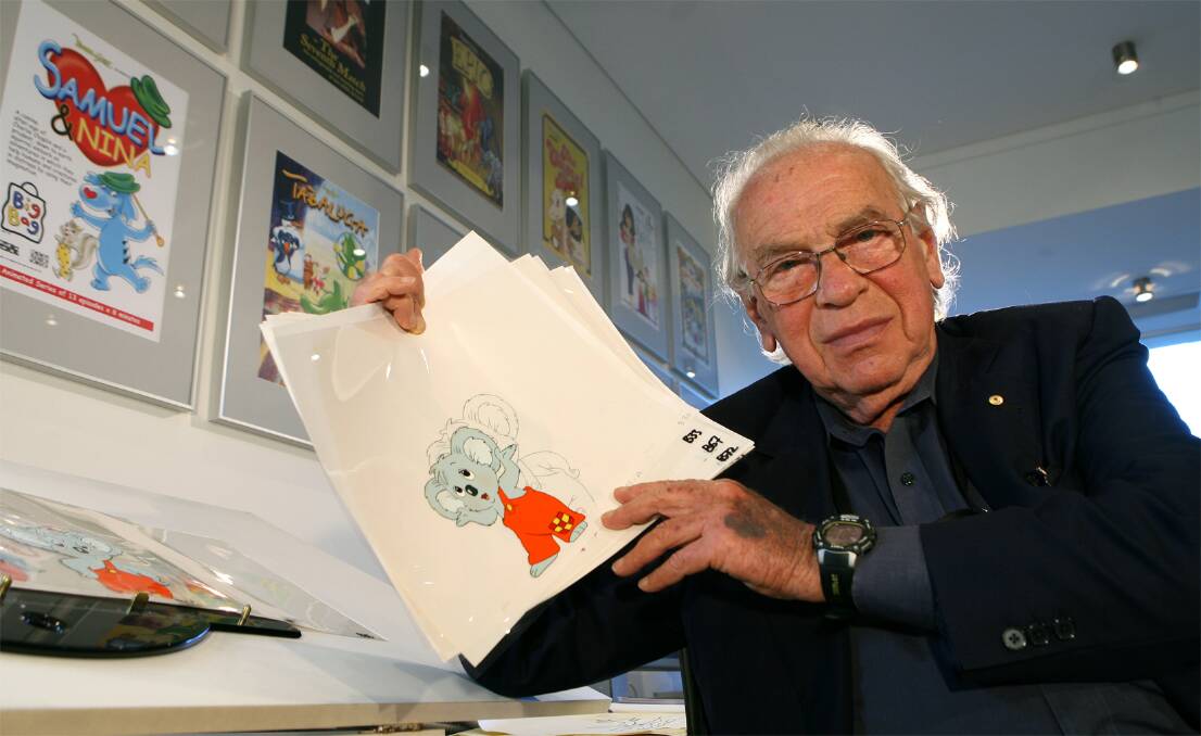 Yoram Gross with one of his Blinky Bill animations in his Sydney studio in 2007. Mr Gross died on September 21, aged 88. Photo: Peter Morris/Sydney Morning Herald.