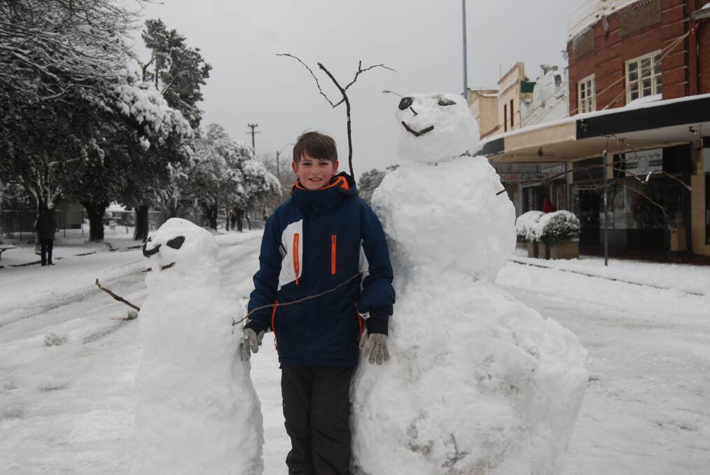 Benjamin of Blackheath built two snowmen at the intersection of the Great Western Highway and Govetts Leap Road at Blackheath on Friday morning which lasted a few hours before they were hit by a truck.