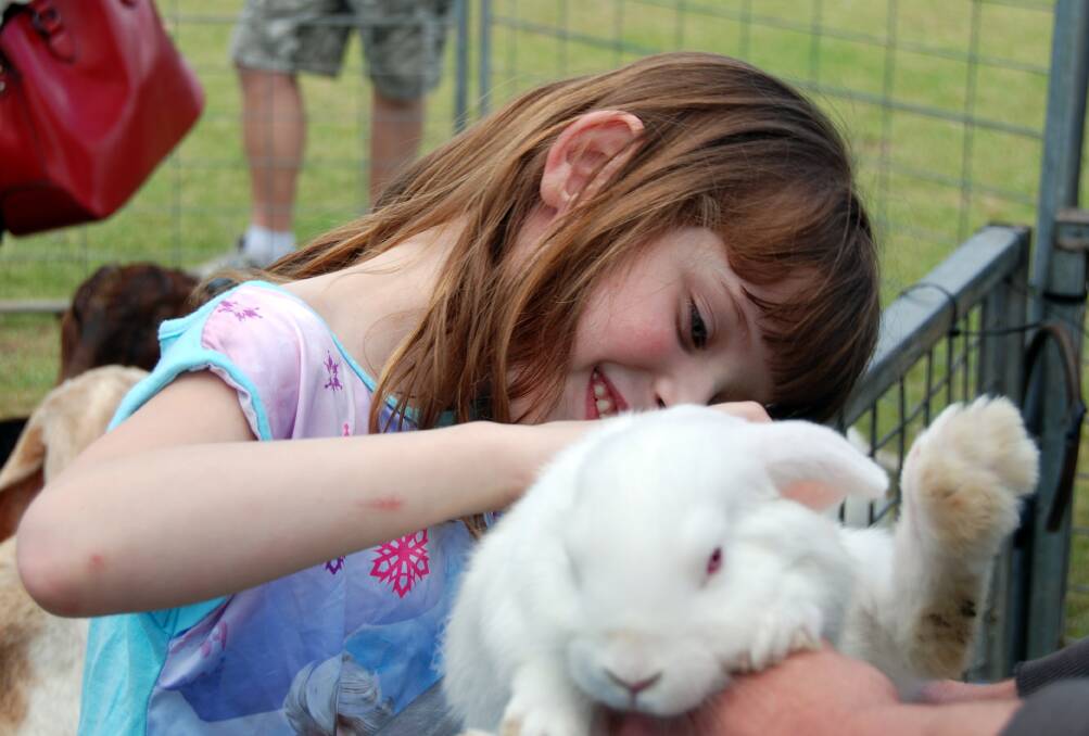 Alyssa Schuler from Winmalee having fun at the farm animal petting zoo.
