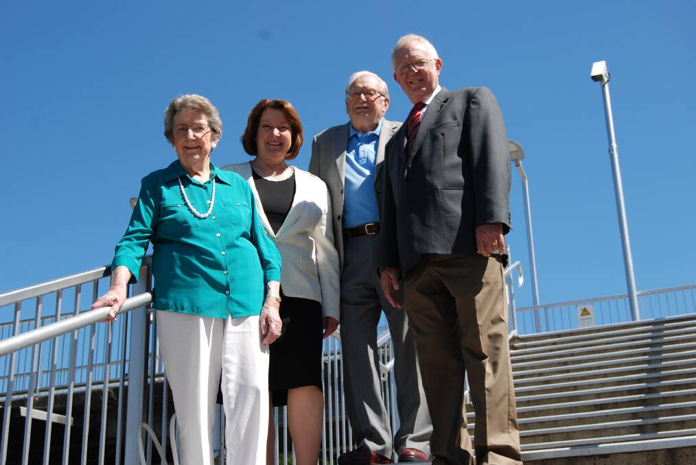 Barbara Bailey, Roza Sage, Russell Mann and Robert Deahm on the steps at Wentworth Falls station.