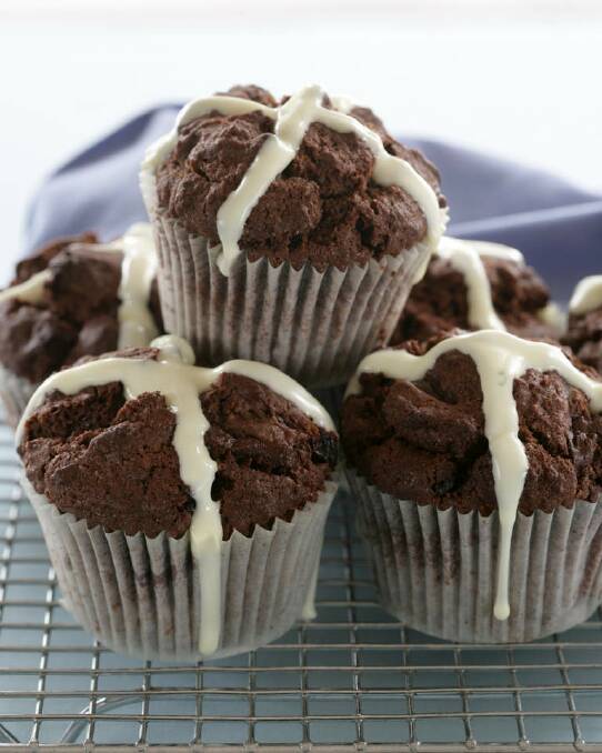 Jane and Jeremy Strode's hot-cross chocolate muffins <a href="http://www.goodfood.com.au/good-food/cook/recipe/hotcross-chocolate-muffins-20111018-29wjg.html"><b>(recipe here).</b></a> Photo: Natalie Boog